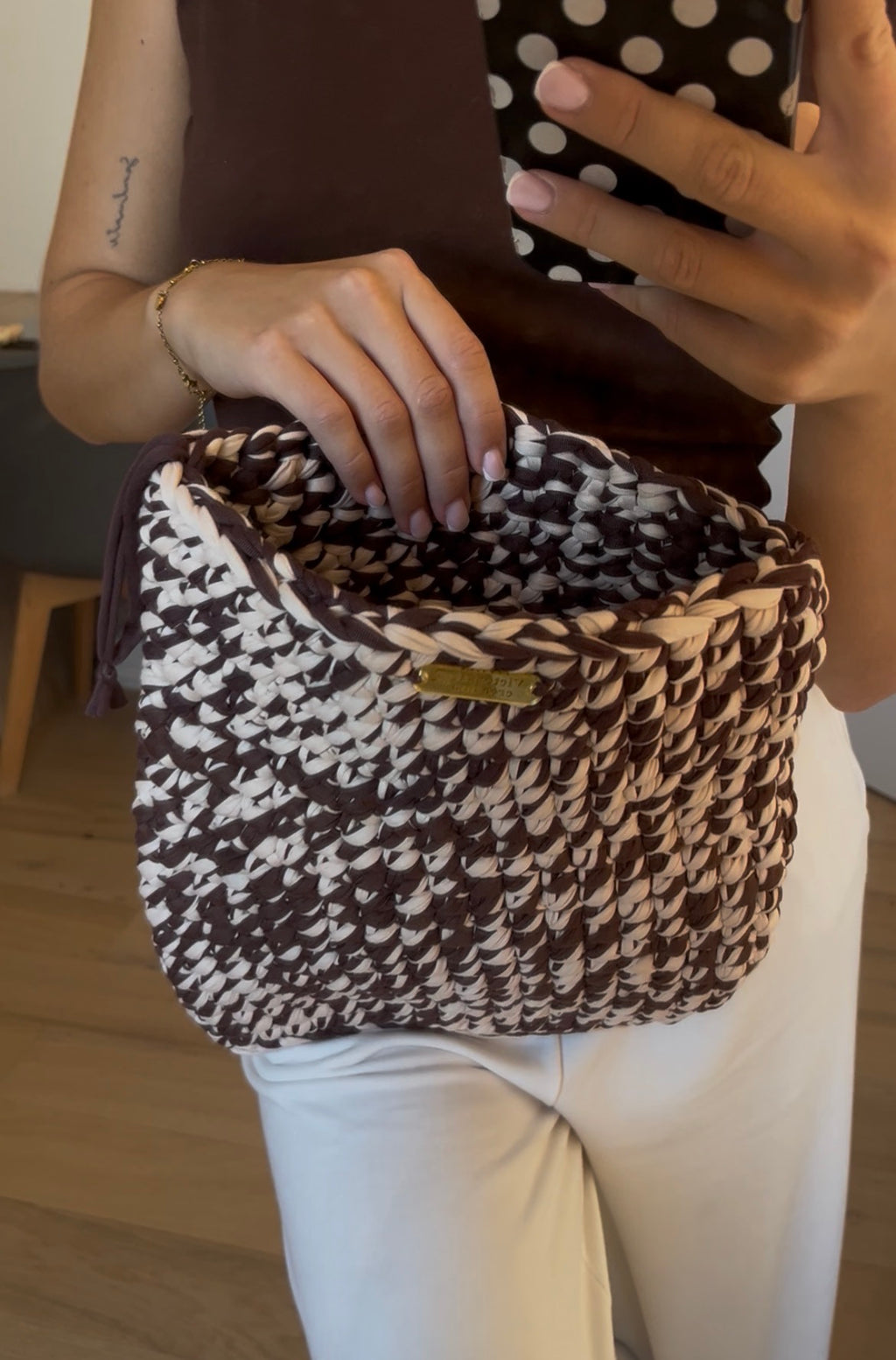Pochette ordinateur marron et beige